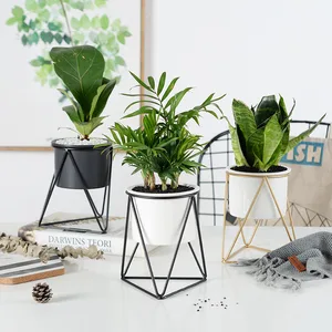 Image of Planter Pot Indoor, set of 3 White Ceramic Medium Succulent Cactus Flower Plant Hexagon Pots with Metal Stand Holder