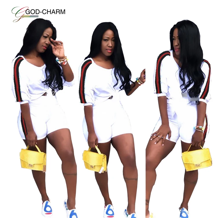 

wholesale sexy Women casual white two piece set with bow and side stripe, N/a