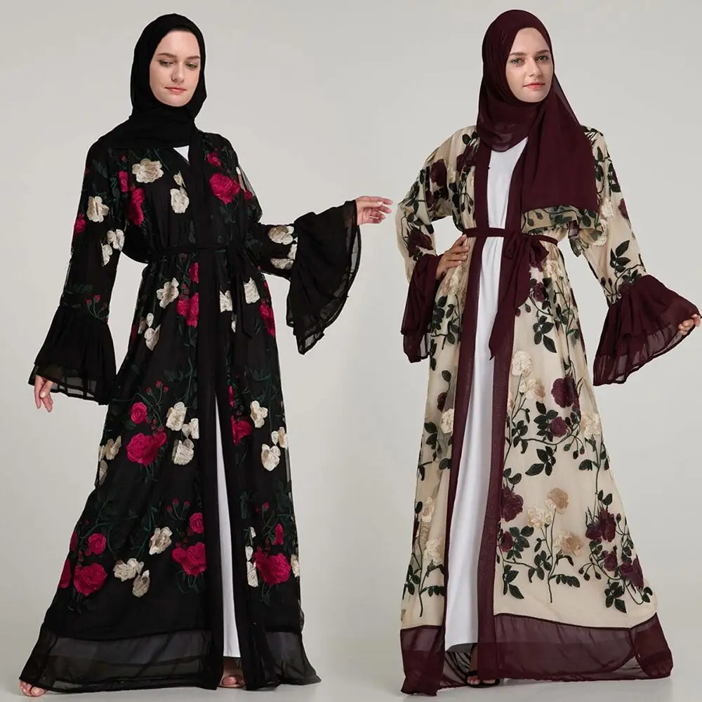 

2019 Western style fashion embroidery ladies open front long abaya coat ethnic floral muslim cardigan, Dubai black abaya;floral muslim cardigan