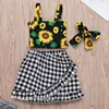 Best selling fashion boutique kids girls clothes new design Flower top + plaid skirt + hairband 3pcs children girls clothing