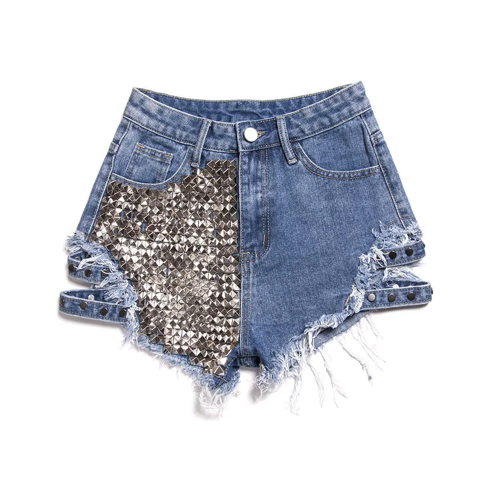 

Z95096B Women's fashion washed rivets stitching denim shorts, As picture