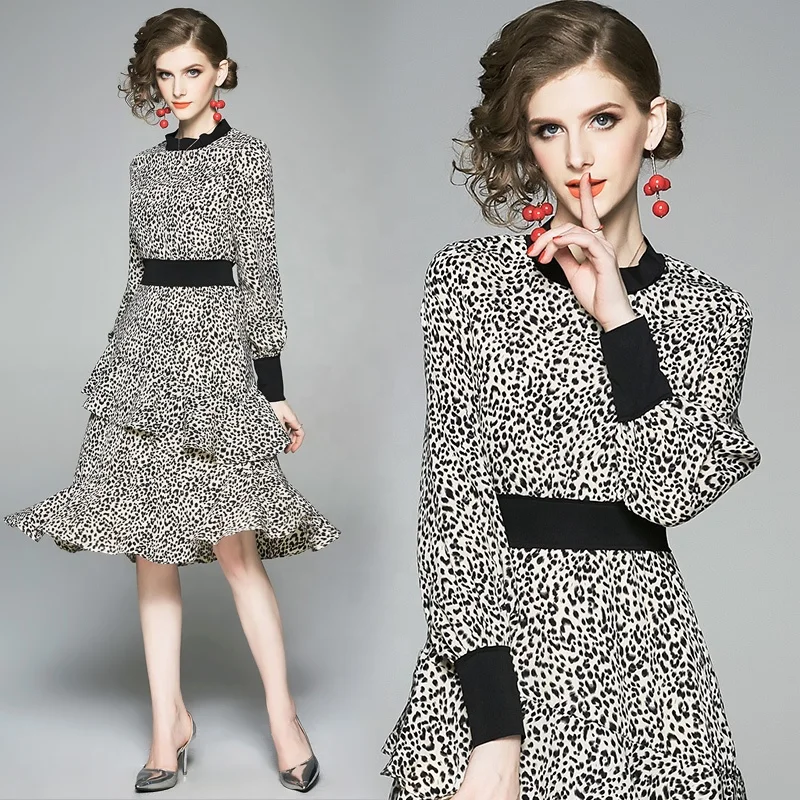 2019 Europe and American dress women Long Sleeve Elegant Leopard print bodycon Fishtail Dress