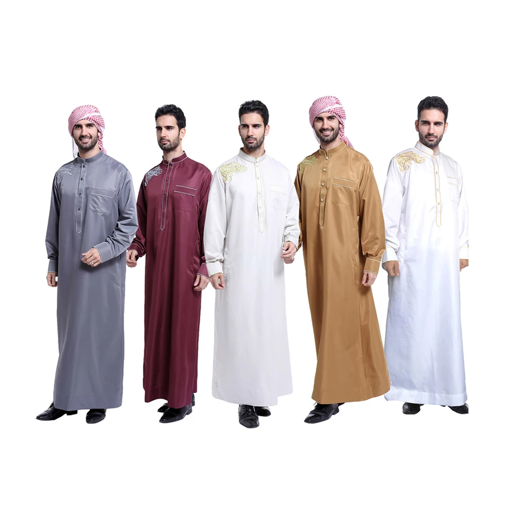 

new design embroidery long muslim men dress arab jubba thobe clothing arabic saudi abaya, 5 colors:dark gray;silvery gray;camel;wine red;white
