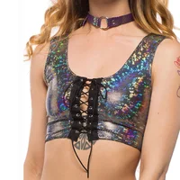 

women holographic lace up tank tops streetwear bodycon rave festival clothes laser hologram foil fabric crop top