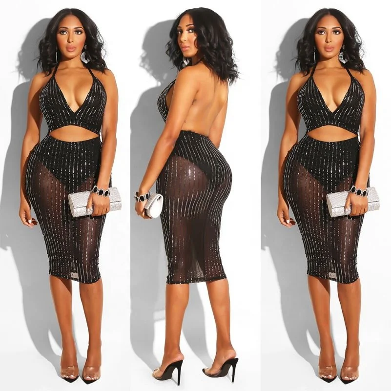 

Women fashion sexy halter backless mesh transparent sequins bandage club dress TYA7029, N/a