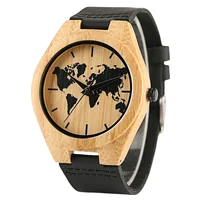 

Wooden Watch Handmade Bamboo Quartz World Map Pattern Design Fashion Leather Watch Bamboo Wristwatch Bracelet