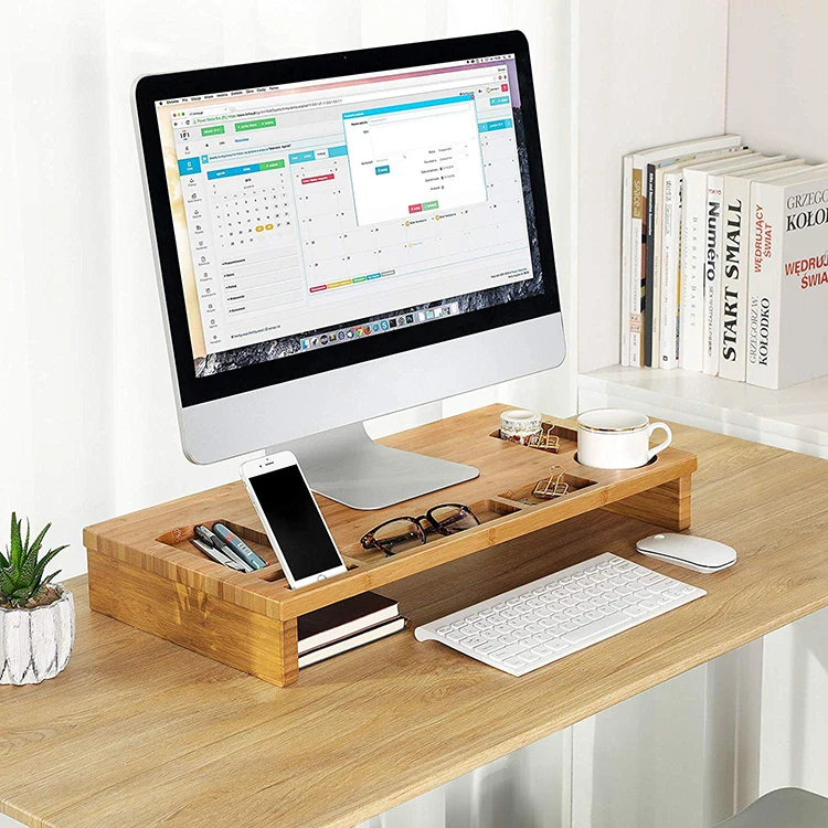 
Computers Shelf Desktop Storage Organizer Wooden Bamboo Monitor Stand 