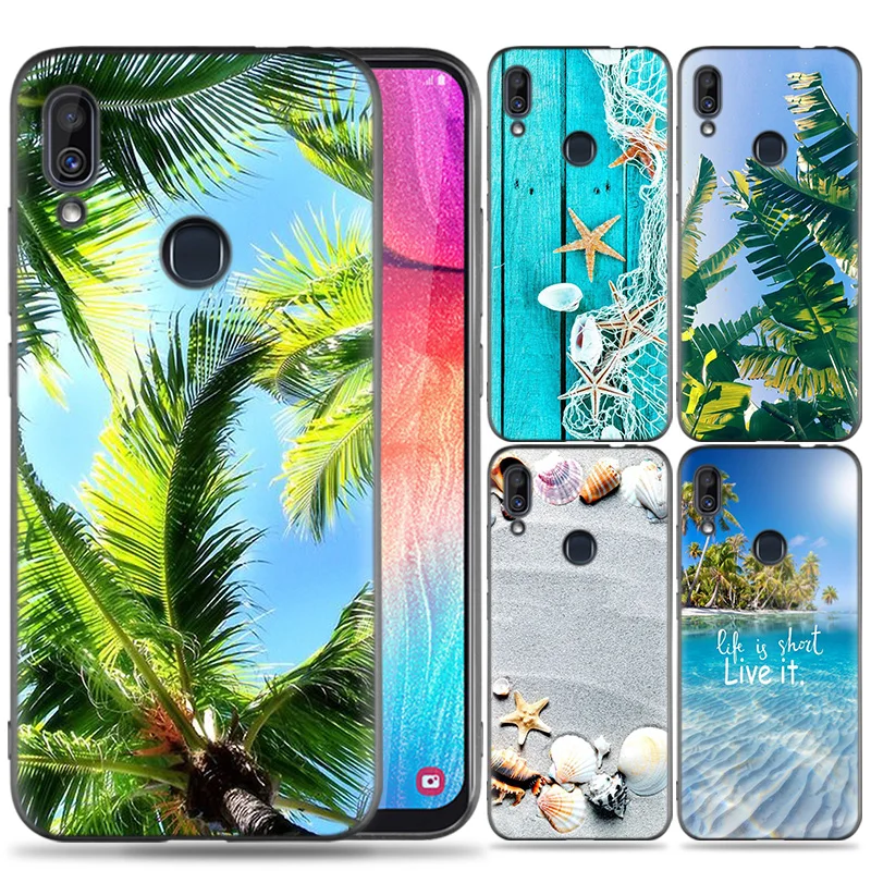 

Popular Liquid silicon Ultra Slim phone case for Samsung Galaxy A30 A50 case with Summer Palms, Black