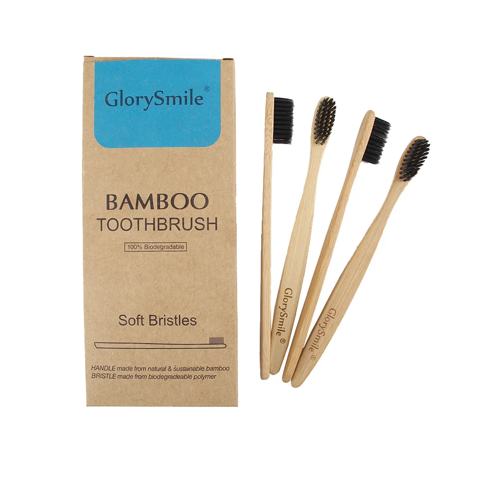 

Custom 4 Pack Natural Organic Wooden Biodegradable Eco Friendly Adult Charcoal Bristle Bamboo Toothbrush Kit For Teeth Whitening