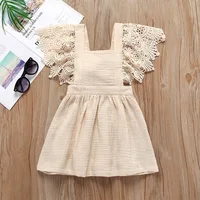 

0-3years Pink Cotton Baby Linen Dress Girl Children Clothes With Flutter Lace Sleeve M90514