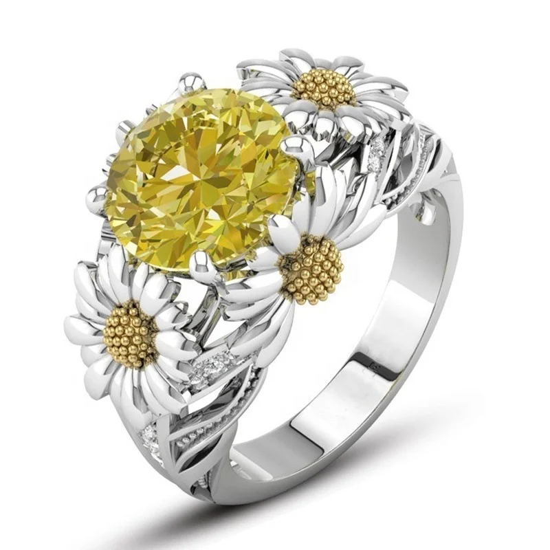 Best Selling New York Copper Jewelry Sunflower Inlaid Yellow Diamond Ring