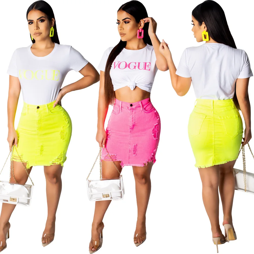 Fashionable Mid-Waist Zipper Fly Mid Broken Hole Design Patchwork Solid A-line skirt Casual shorts Skirts