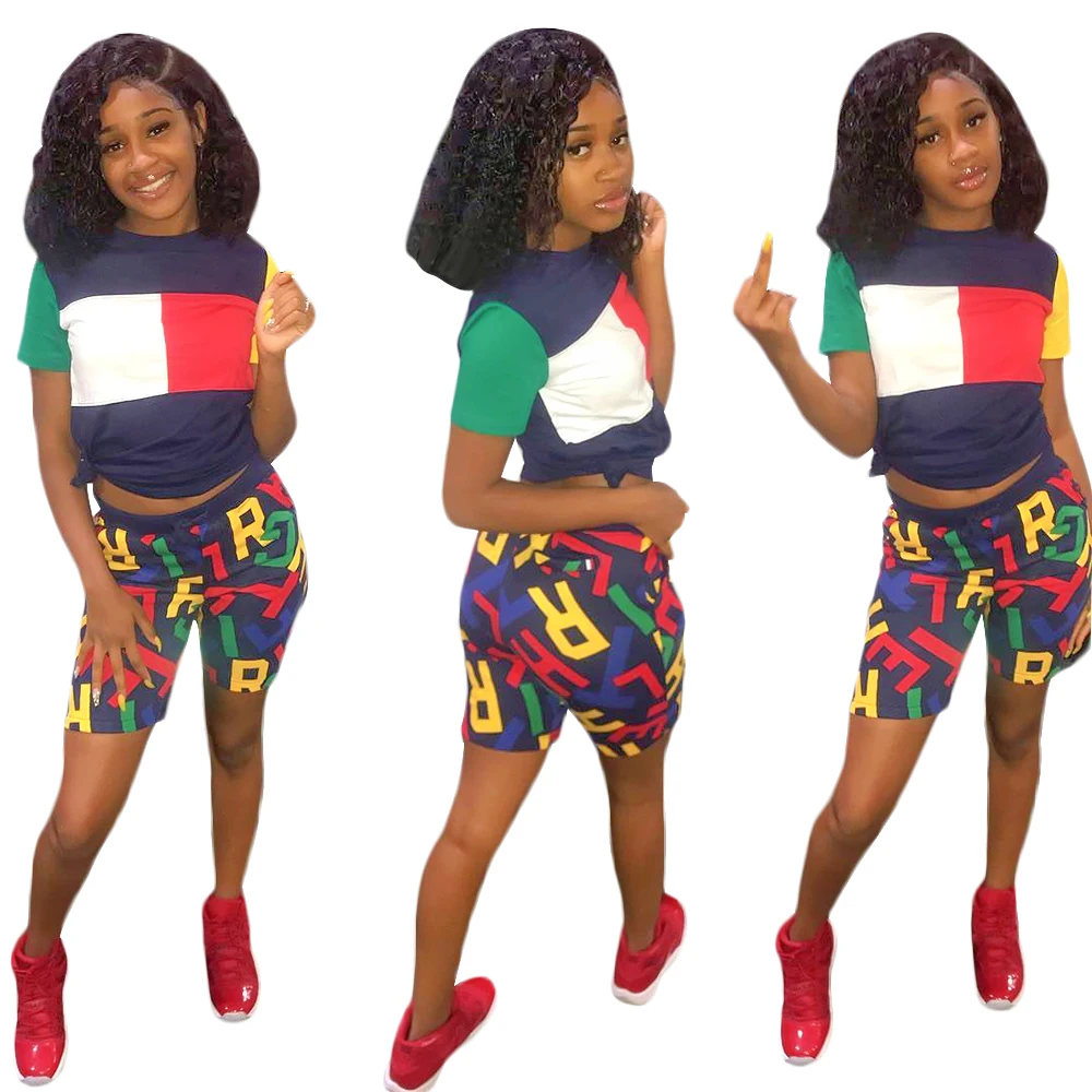 

2020 hot selling S6120 ladies letter short and t shirt 2 piece suit