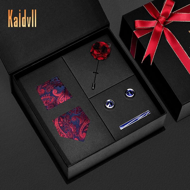 

Customized Mens Ties Silk Gift Box Wine Red Tie with Pocket Square Set 4 Piece Tie Set