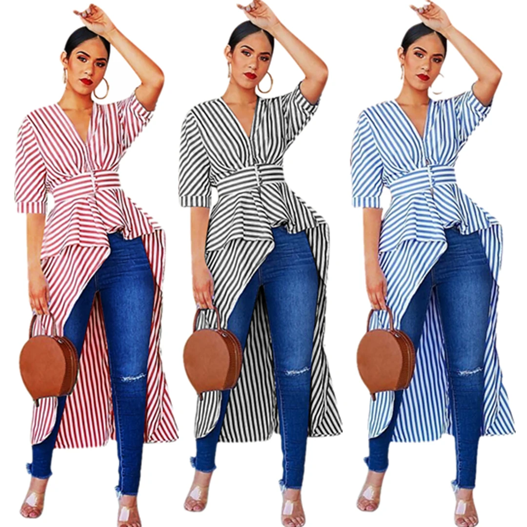 

Casual striped half sleeve v neck collect waist with button irregular long blouse for woman