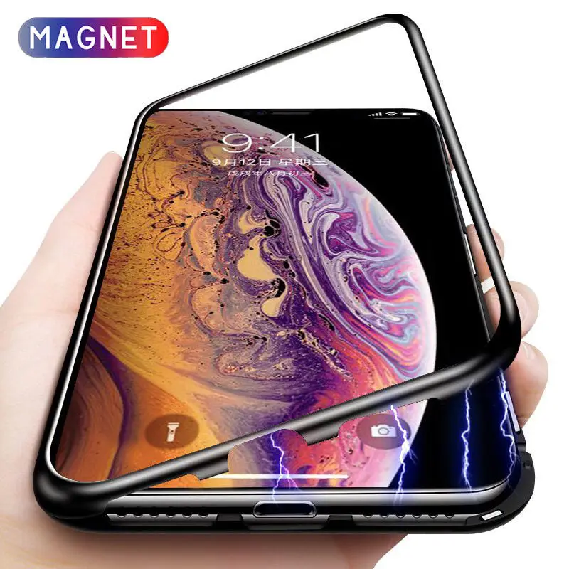 

Ultra Slim Metal Frame Magnetic absorption Mobile Phone bumper Case for iphone 6S 7 8 Plus Xs max xr clear Tempered Glass cover