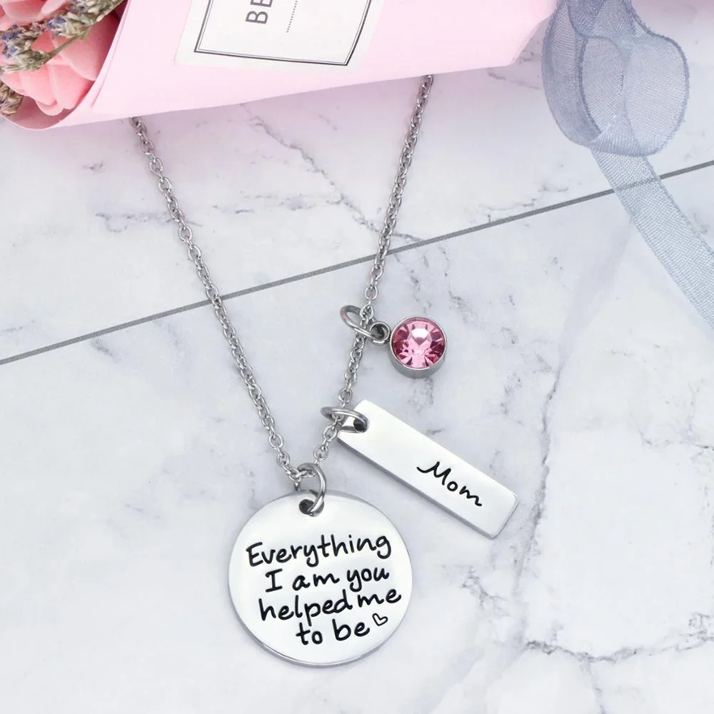 

Loftily Jewelry Hot Sale Accessories Pink CZ Everything I am You Helped Me to Be Women Mom Necklace, Silver