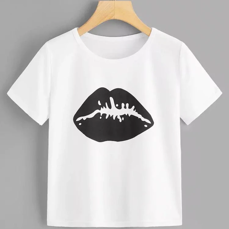 Women Casual Lips Print Two Shoulder Sweat T Shirt Women