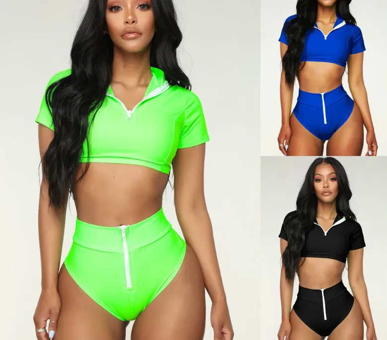 

SP1068B 2019 Short Sleeve Lime Green Swimsuit Sexy Women Swimwear 2019, As photos