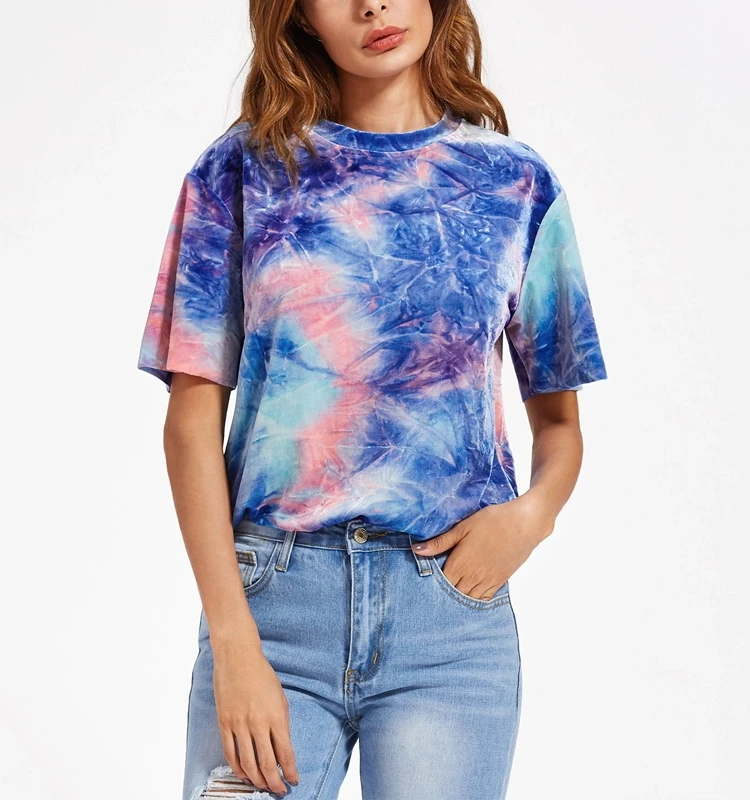 

Hot Seller Custom Women Round Neck Tie Dye Velvet T Shirt, Customized color