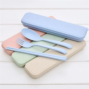 Image of Eco-friendly kids wheat portable disposable cutlery set 3pcs set chopstick fork spoon with box