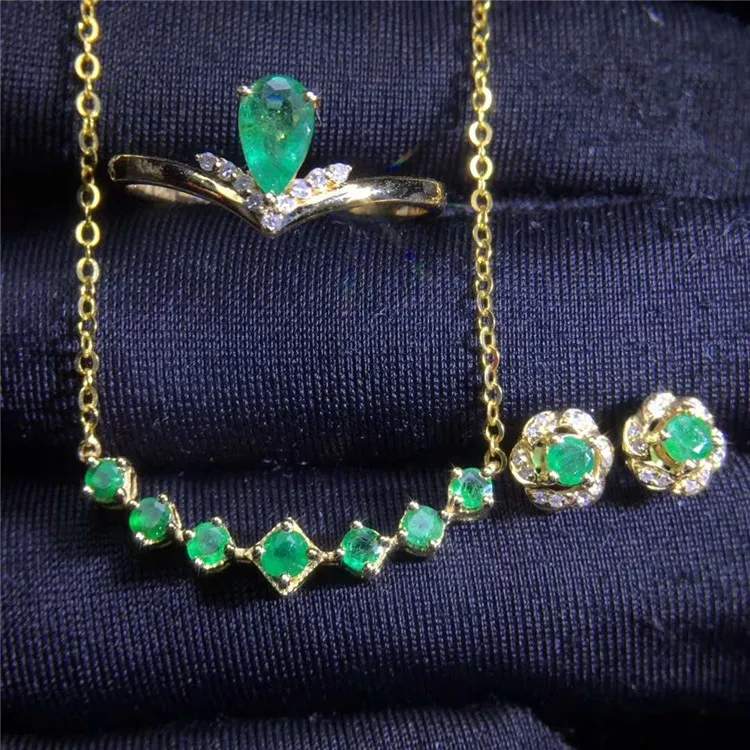 

18k gold natural emerald South Africa real diamond Jewelry earring necklace ring set for female