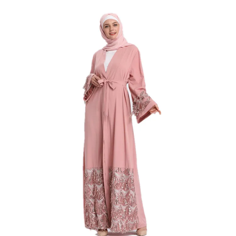 

2019 new arrival islamic beautiful clothing wholesale high quality open abaya malaysia women clothing with belt, Pink;gray;black