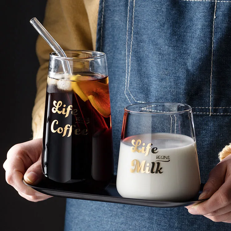 

2019 High quality gold printed glass water milk cup, Clear