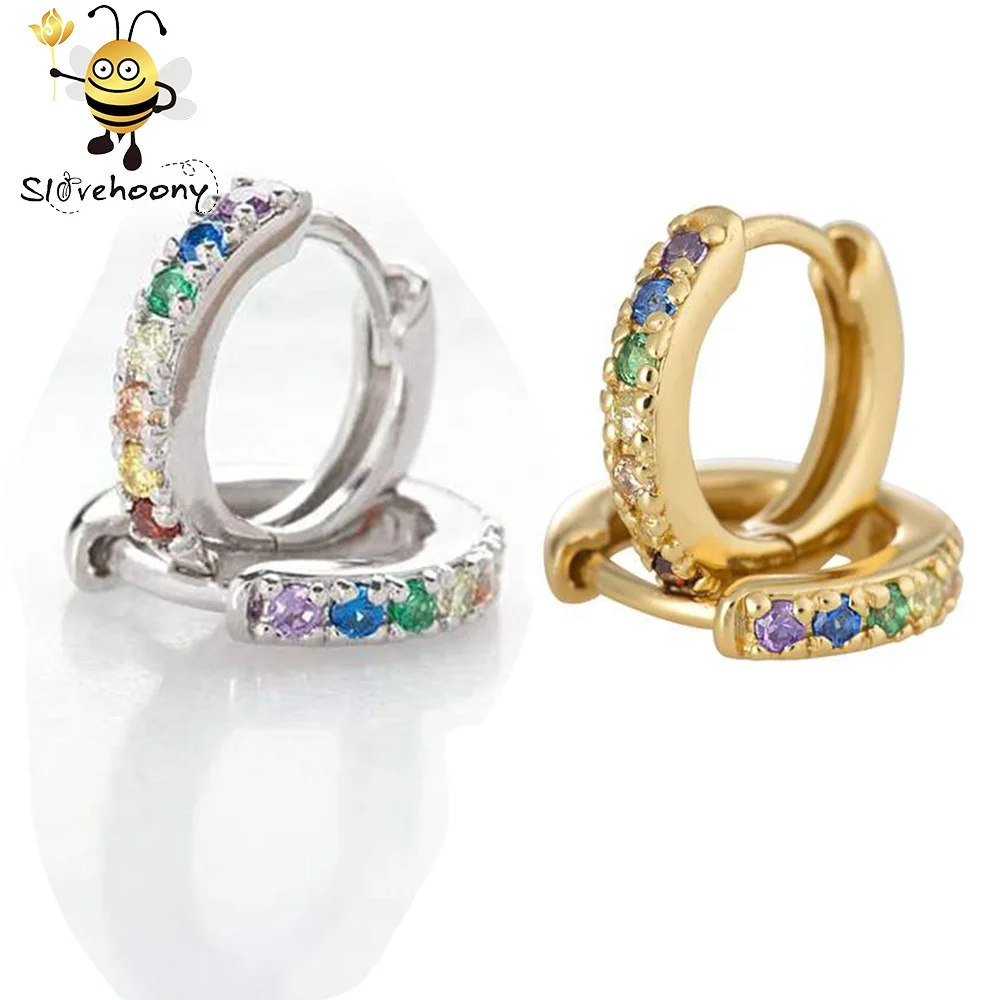 

Slovehoony 2019 Hot New arrivals Woman Huggie Hoop Earrings Rainbow Stone Hoop Earring For Woman Fashion earrings, Silver