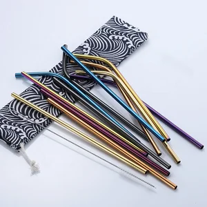 Image of ECO friendly 304 stainless steel metal drinking rainbow color straws set with brush