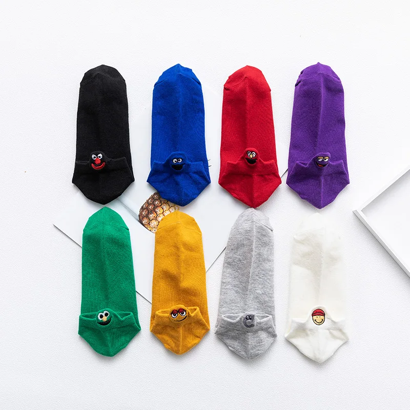 

summer Woman invisible socks smiley funny cartoon embroidery super fire personality funny fashion ankle socks, Multi color