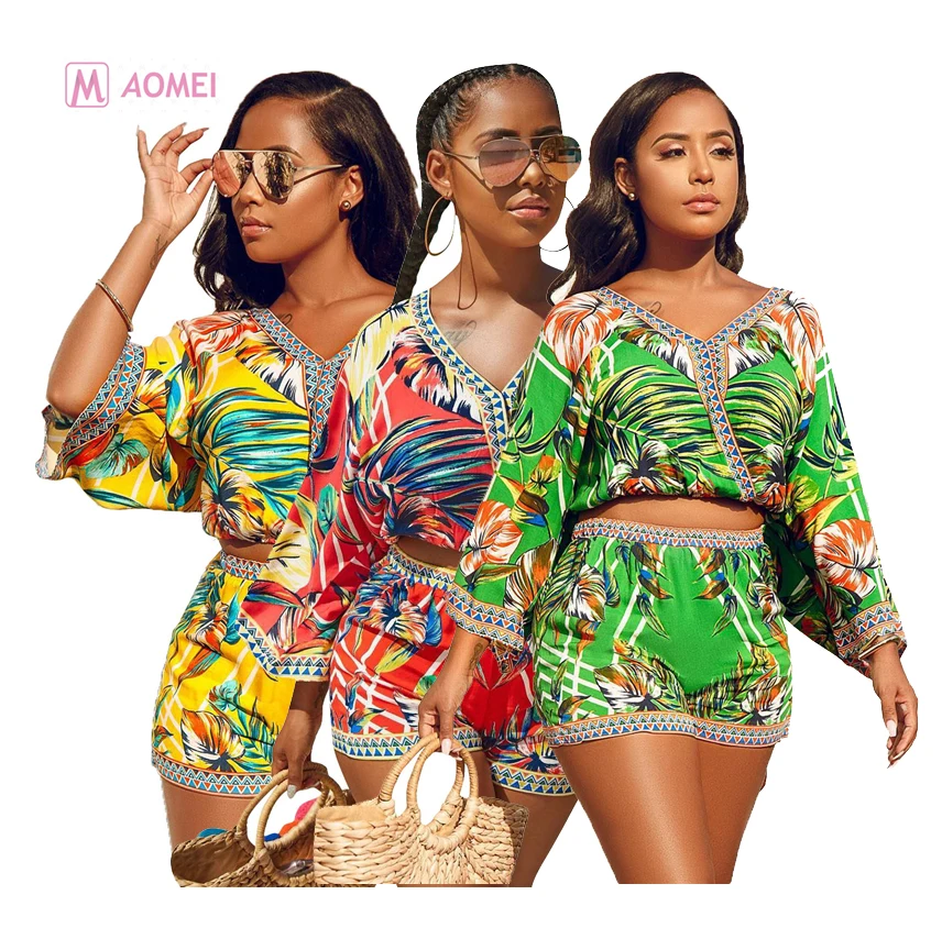 

M2100 boutique fashion bohemian printed top and shorts 2 piece set outfit women summer fashion clothing, N/a