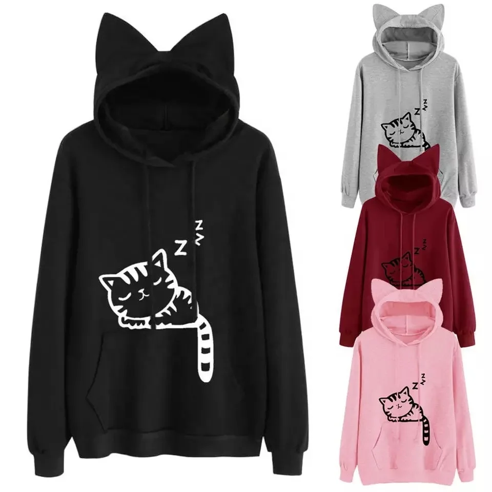 kejia Harajuku Women Hoodies Sweatshirt Kawaii Pink Winter Cat Pattern Long Sleeve Moletom Hooded Sweatshirts