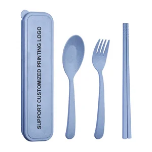 Image of Degradable wheat 3pcs chopsticks spoon fork cutlery set travel cutlery