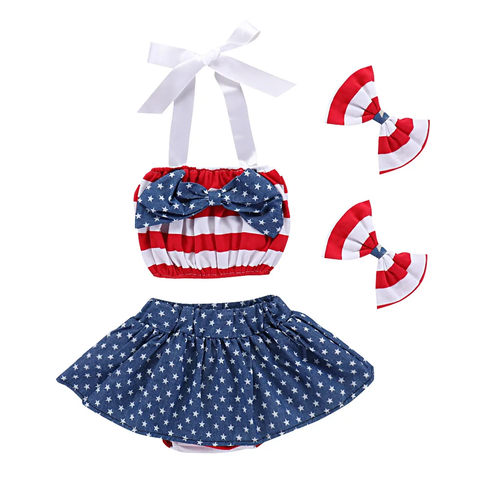 

4th of July Newborn Baby Girls Skirt Sets Stripe Halter Tops + Star Skirts Toddler Outfits Fourth of July Children Clothes 4pcs, As picture