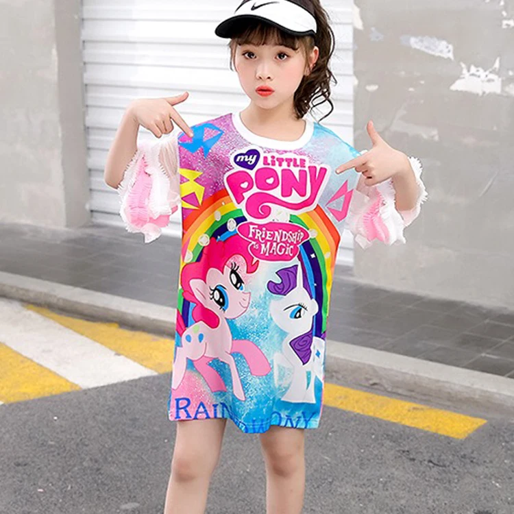 

Cartoon printed long tshirt dress lace beautiful little girl kids summer shirt, Customized