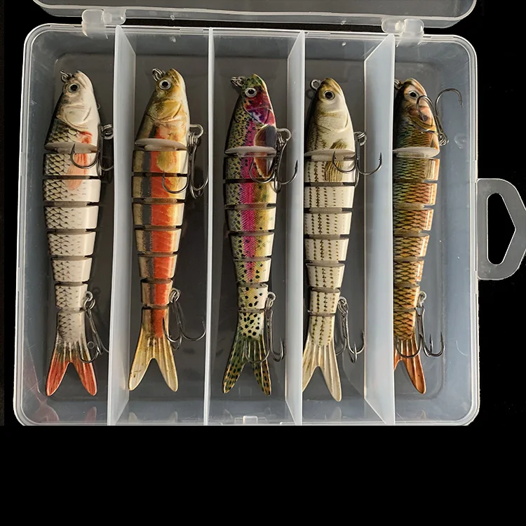 

Hot Selling 5 Pack Set  8 Segment Fishing Lure Kit With 4# Treble Hook Cheap Fishing Tackles, 4 color available