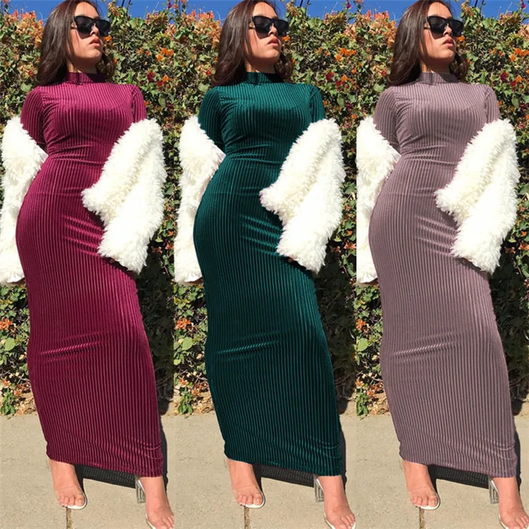 2019 dark green velvet long sleeve Muslim evening dress