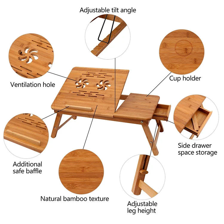 
Multi-Function Portable Bamboo Laptop Desk with Drawer 
