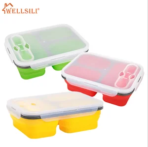 Image of Silicone Collapsible Leak Proof Lunch Container - Foldable Bento Box with 3 Perfect Compartments Microwave