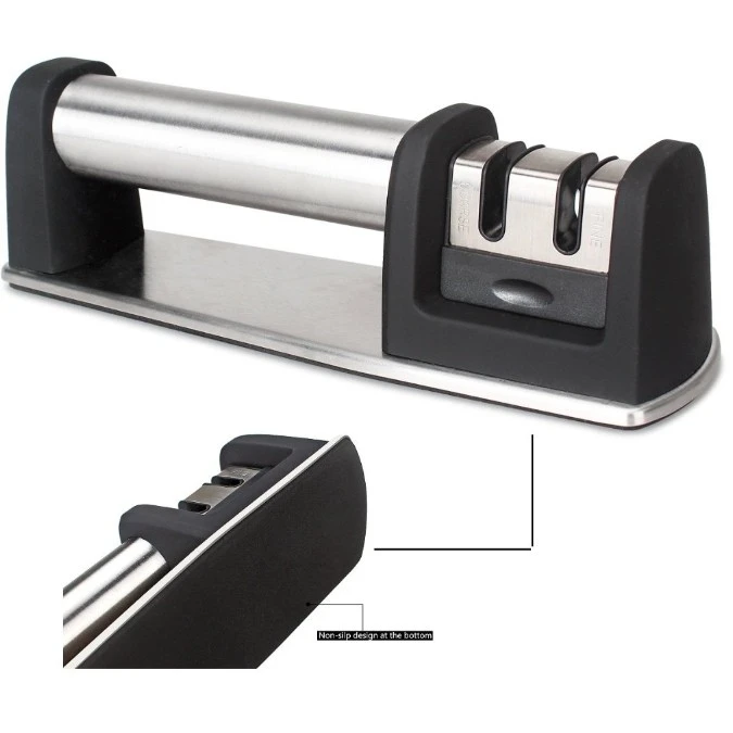 

Knife Sharpener, 2 Stage, Stainless Steel, Non-slip Base Kitchen Manual Diamond Straight Serrated Knives, Black