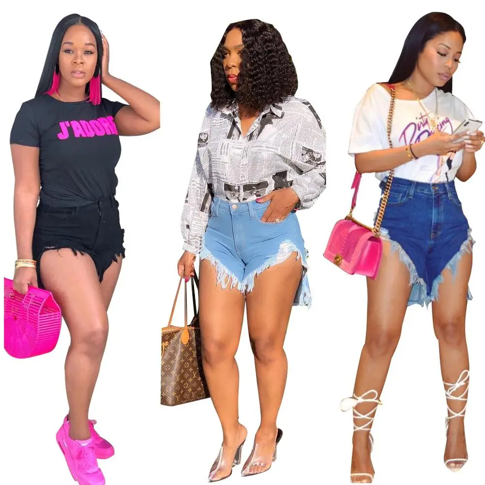 2019 New Fashion Women's High Waist Jeans irregular tassel Shorts Vintage Worn hollow out denim shorts summer overall