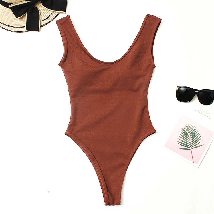 

2019 new arrival caramel ribbed texture high cut one piece swimsuit, Caramel;black