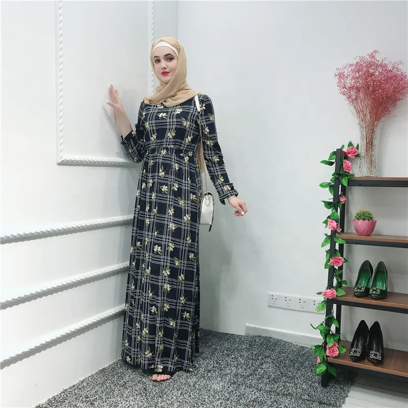 

Wholesale 2019 fashion abaya cotton printing muslim long floral dress islamic clothing, Navy
