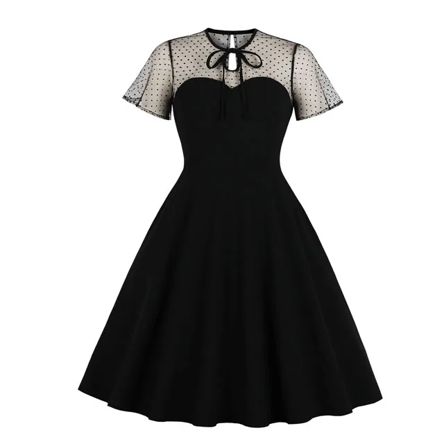 

2019 Summer Female Wedding Dress Manufacturing Party Black Dot Print Sexy Hollow Out Vintage Gothic Short Sleeves Dresses