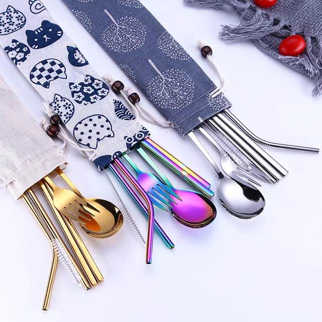 

Hot Sale Portable Outdoor Tableware 304 stainless steel Knife Fork spoon chopsticks straw set, Customized