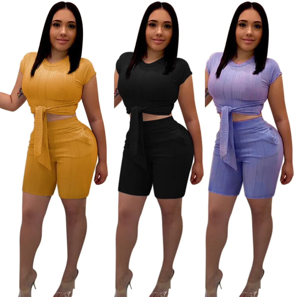

2019 latest WA8725 women casual shorts and crop top two piece set
