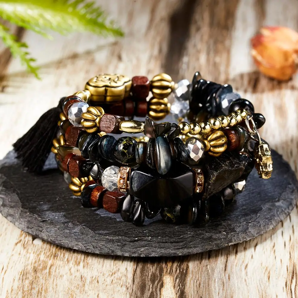 

Vintage Bohemian Green purple Beaded Natural Stone Crystal Tassel Stack Bracelet For Women