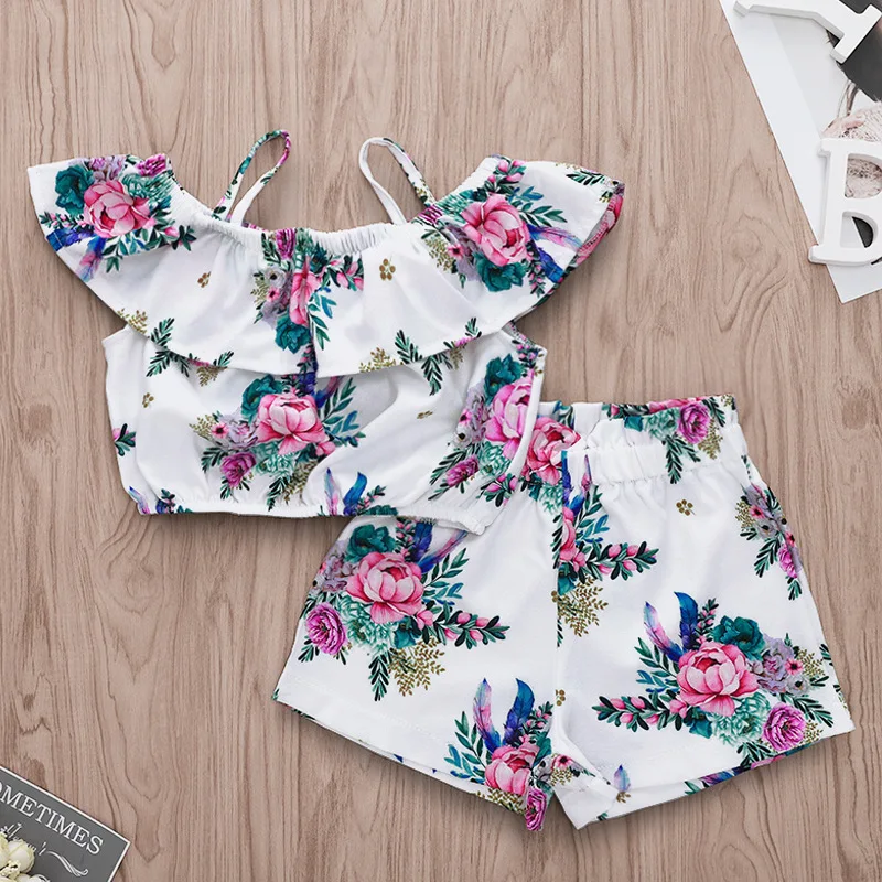

Summer Baby Girl Floral Clothes Set Peony Rose Ruffler Crop Top High Waist Floral Shorts Pants 2pcs Outfits Kids Girl Clothes, As picture
