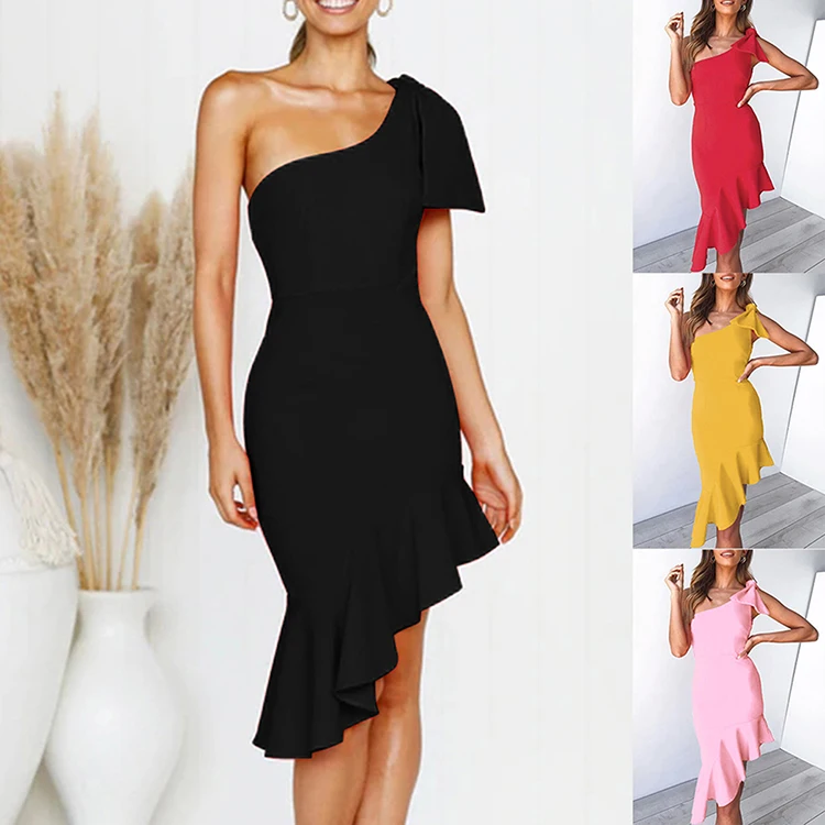 

Latest Design One Shoulder Ruffle Dress Summer Clothes Sexy Women Bodycon Midi Dress, N/a